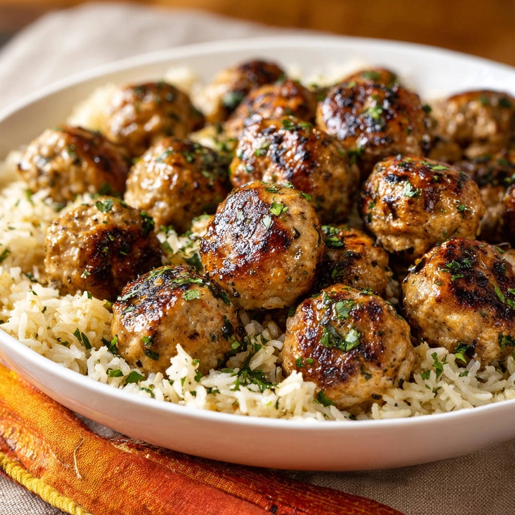 Juicy chicken meatballs with rice, generously garnished with fresh parsley, shown in a close-up bowl view.
