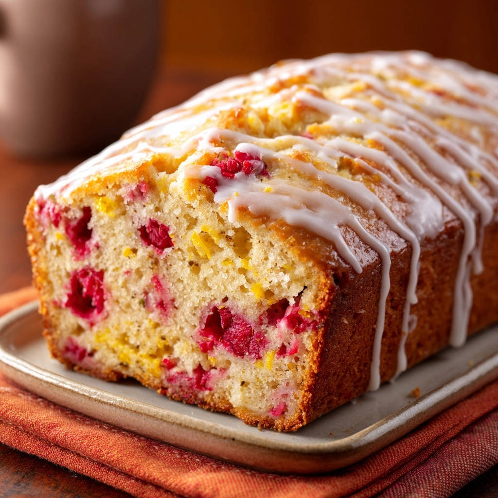Lemon raspberry quick bread cross-section showing the fluffy interior with raspberries and drizzled glaze.