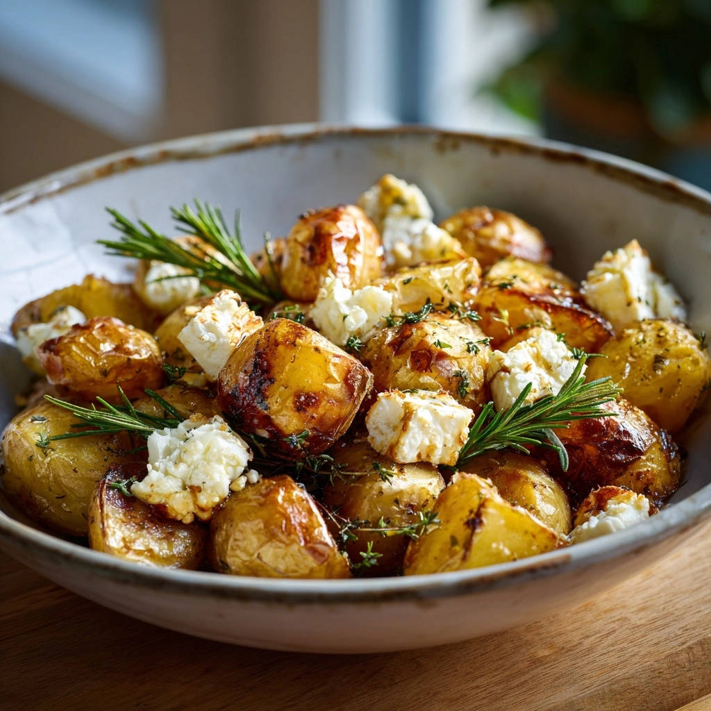 Mediterranean herb and feta roast potatoes served in a rustic bowl, showcasing the golden-brown potatoes and crumbled feta cheese.