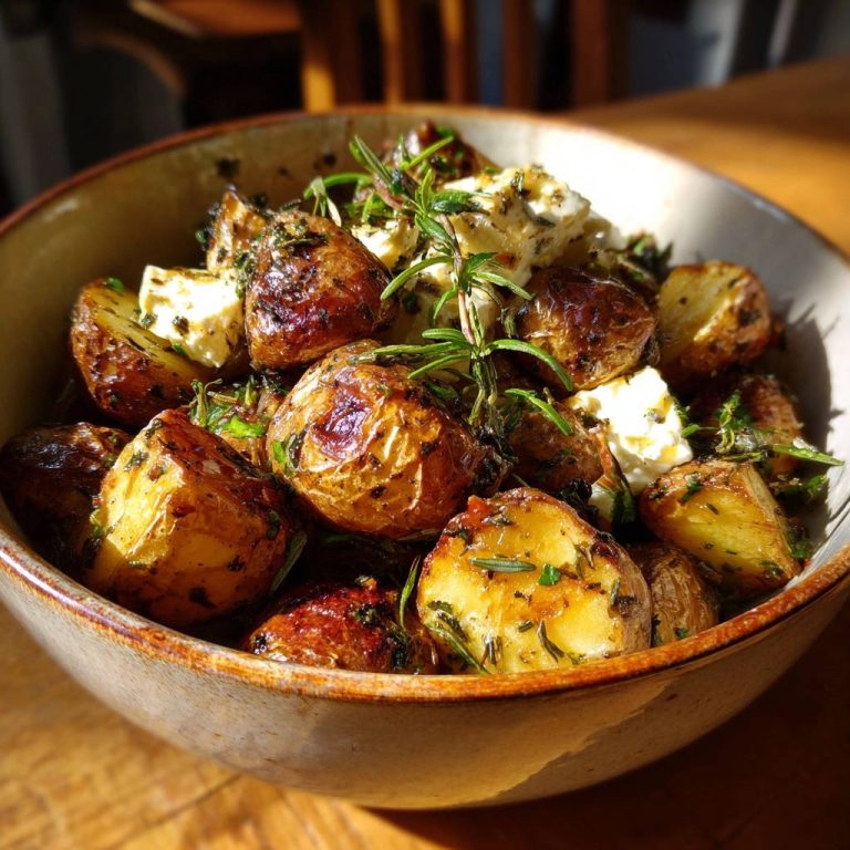 Mediterranean Herb & Feta Roast Potatoes shown in a rustic bowl, with a close-up view of the golden roasted potatoes and feta.