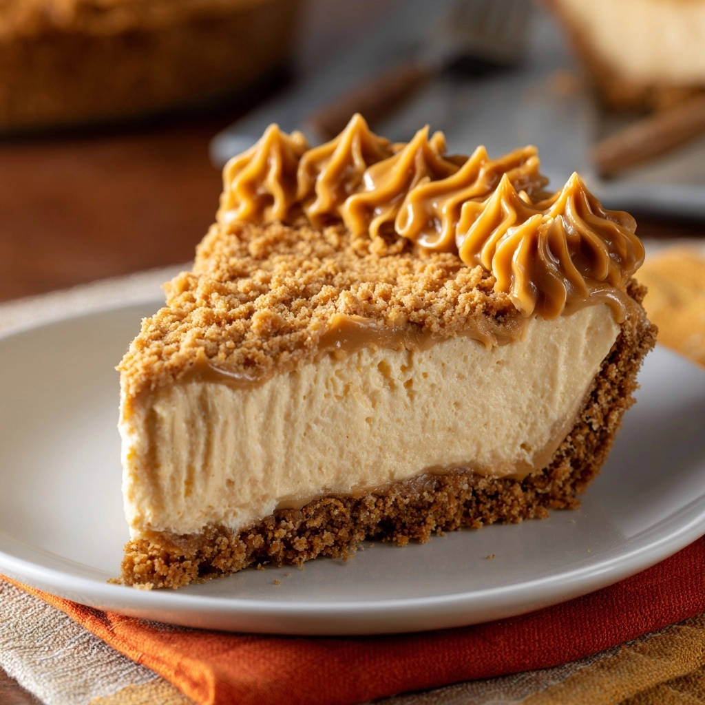 No-bake peanut butter pie slice showing a creamy interior and a decorative caramel swirl topping.