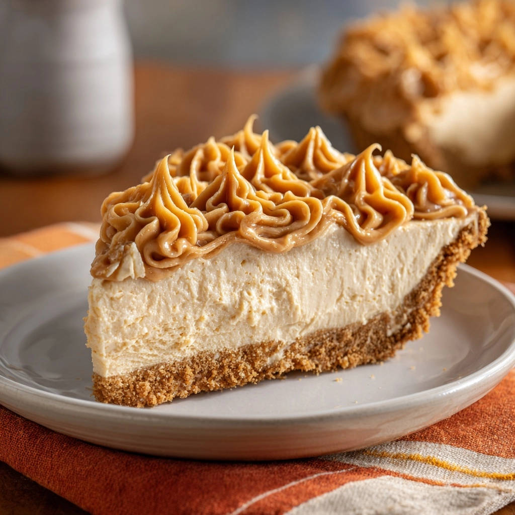 No-bake peanut butter pie slice showing its creamy filling and graham cracker crust on a plate.