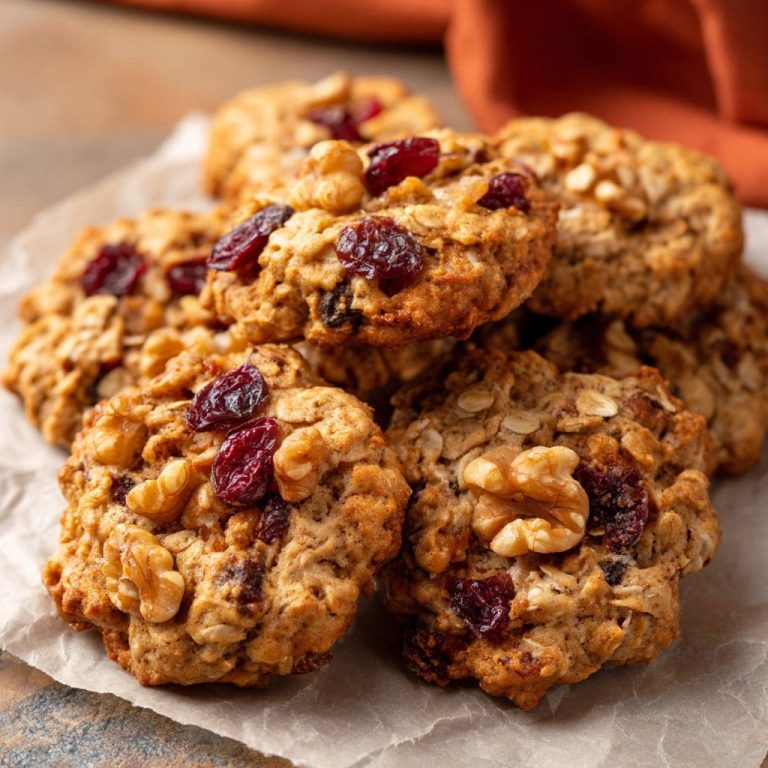 Classic oatmeal cookies with walnuts and cranberries are piled on parchment paper, showcasing their chewy texture.