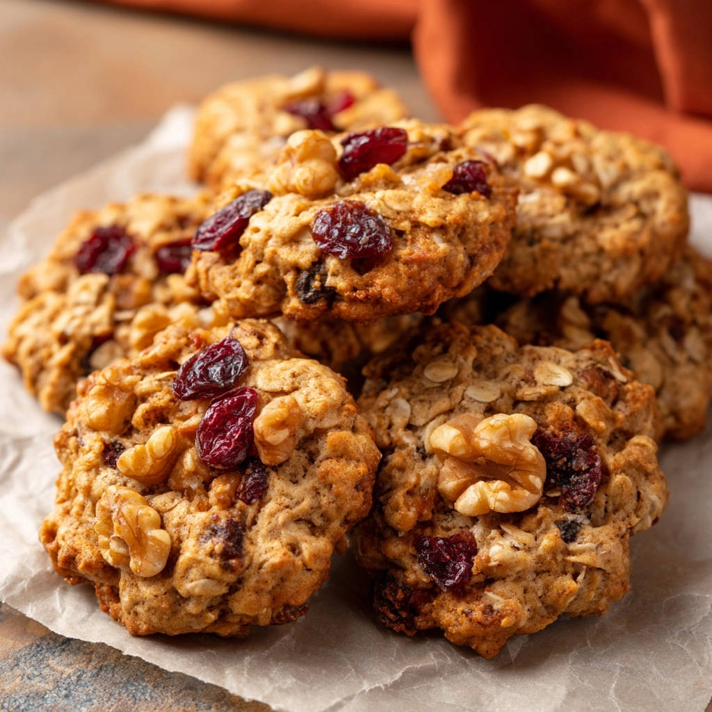 Classic oatmeal cookies with walnuts and cranberries are piled on parchment paper, showcasing their chewy texture.