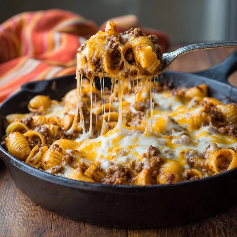 One-pan cheesy skillet shells with a spoonful being lifted, showing long strands of melted cheese.