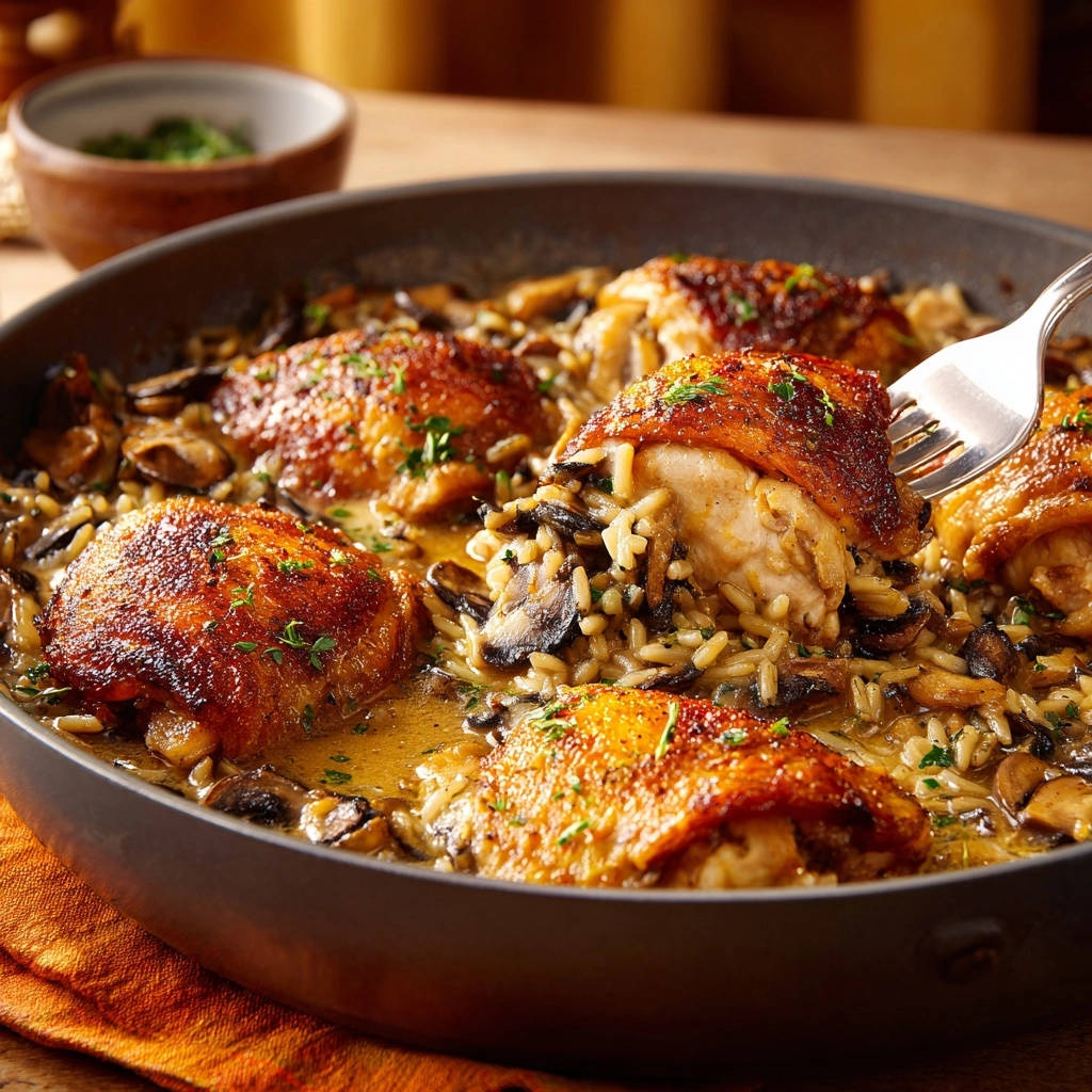 One-pan creamy mushroom chicken & rice with a fork lifting a piece showing juicy chicken and fluffy rice.