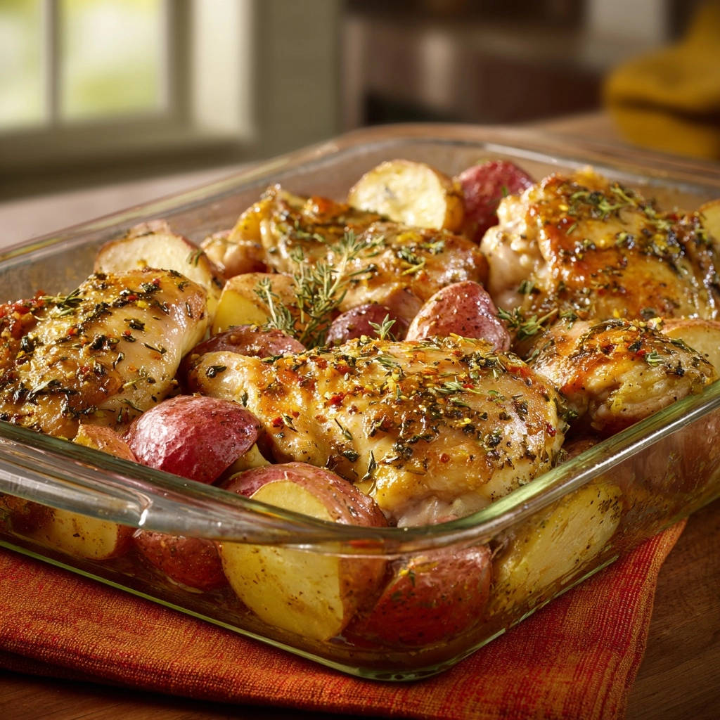 One-pan herb roasted chicken and potatoes shown in a glass baking dish from a side angle with herbs and spices.