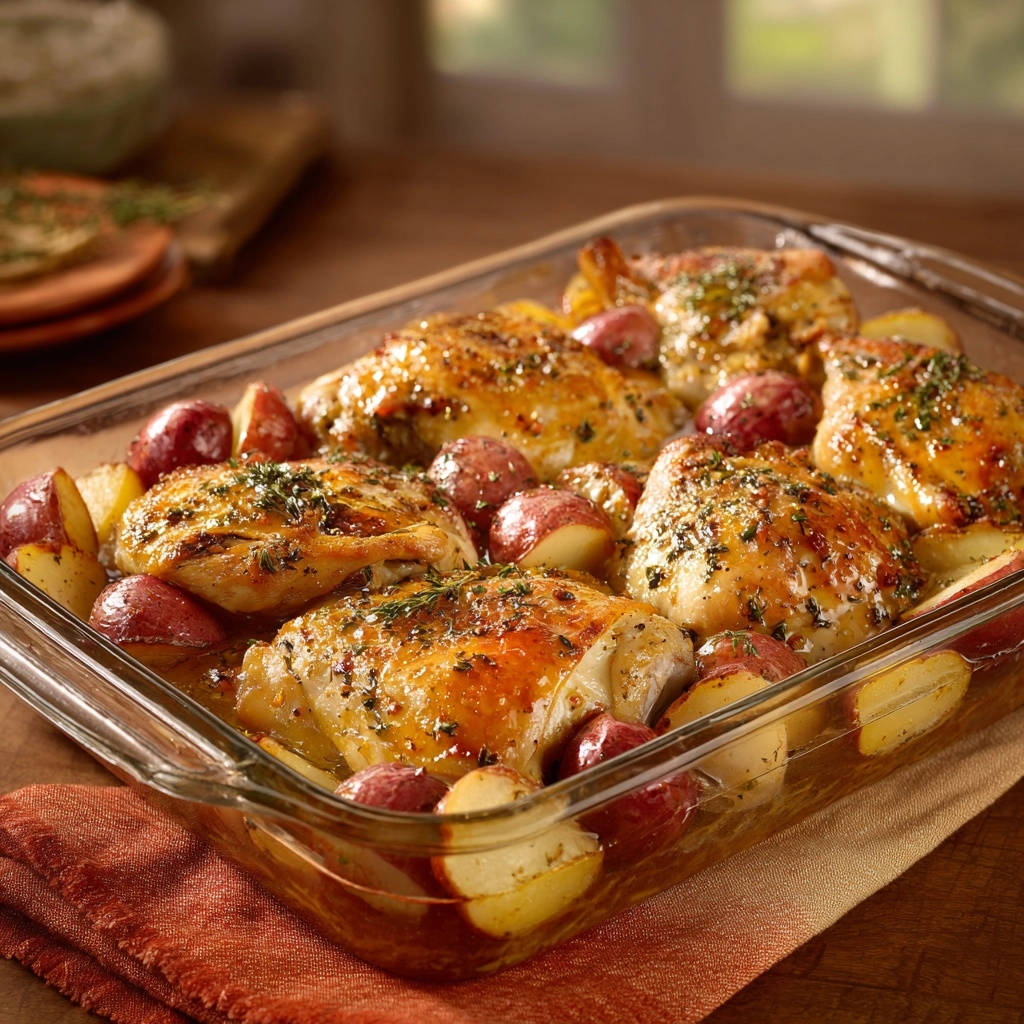 One-pan herb roasted chicken and potatoes served in a glass baking dish, shown from a side view.