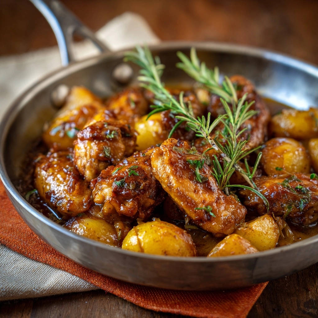 One-pan rosemary garlic chicken and potatoes shown in a skillet with a close-up view of the glazed chicken and roasted potatoes.