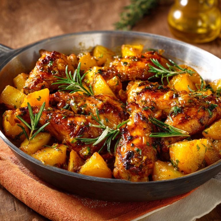 One-pan rosemary garlic chicken and potatoes in a skillet, showcasing juicy chicken pieces and golden potatoes with rosemary sprigs.