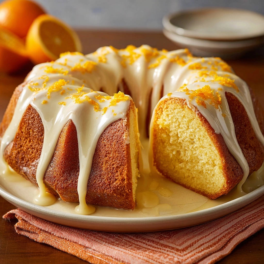 Gorgeous orange bundt cake glazed with white icing and sprinkled with orange zest, with a slice removed to show the interior.