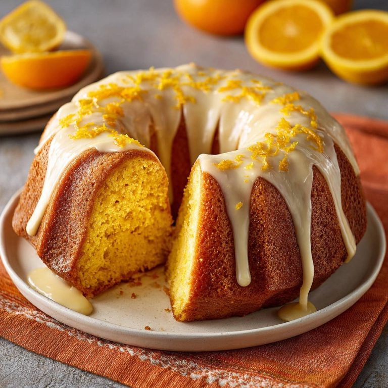 Gorgeous Orange Bundt Cake sliced to show its interior, drizzled with white glaze and orange zest.