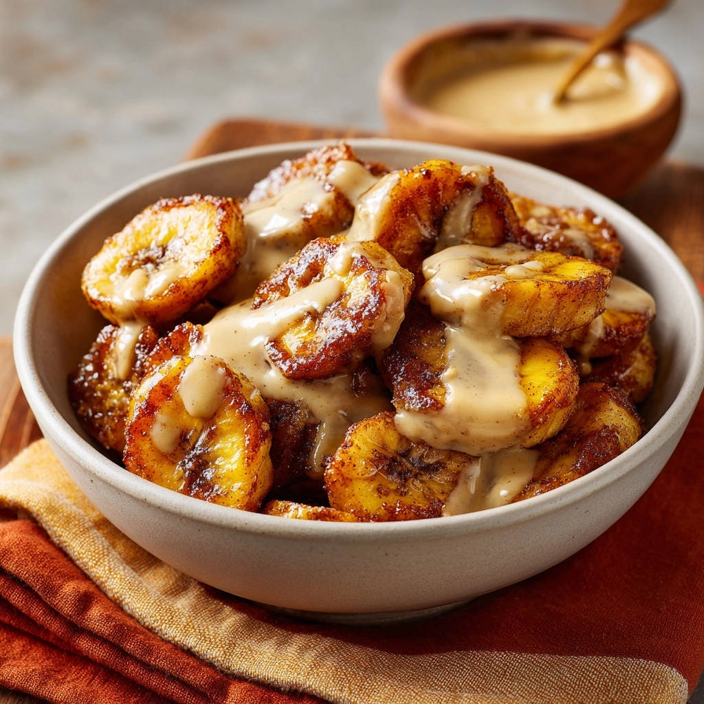 Pan-fried sweet plantains with cream sauce served in a bowl, shown in a close-up view with sauce drizzled over the top.