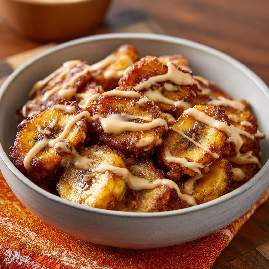 Pan-fried sweet plantains with cream sauce drizzled in a close-up view showing the rich glaze detail.
