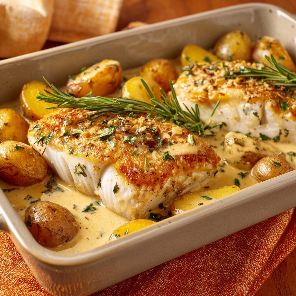 Pan-seared white fish and creamy potatoes shown close-up in a baking dish with rosemary garnish.