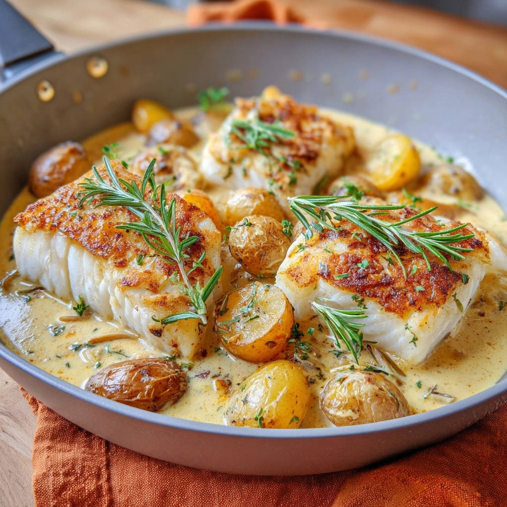 Pan-seared white fish and creamy potatoes in a skillet, garnished with rosemary and herbs.