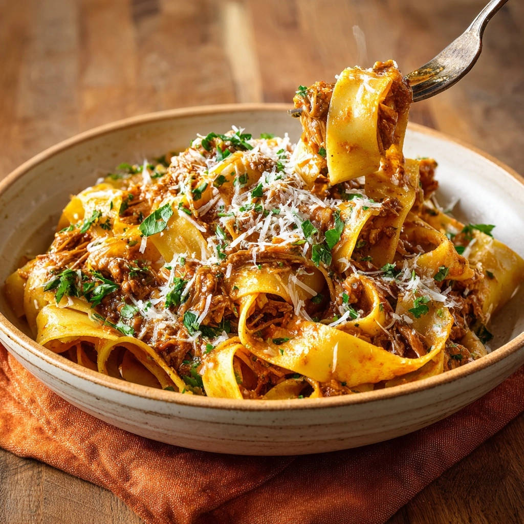Rich pappardelle ragu with a fork scooping up a portion, showcasing the texture and sauce.