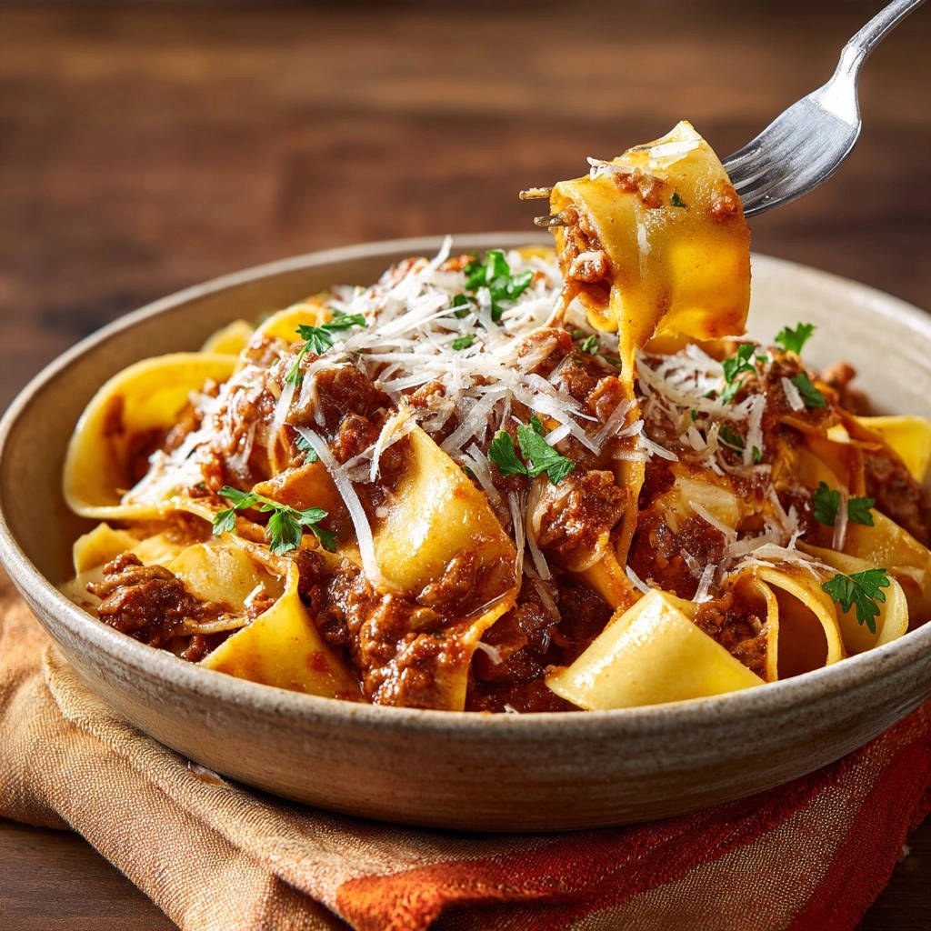 Rich Pappardelle Ragu with a forkful showing the perfectly coated pasta and rich meat sauce.