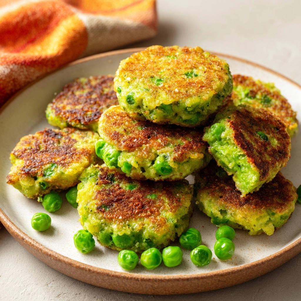 Pea & Rice Patties stacked on a plate with whole peas scattered around, showing a golden-brown exterior.