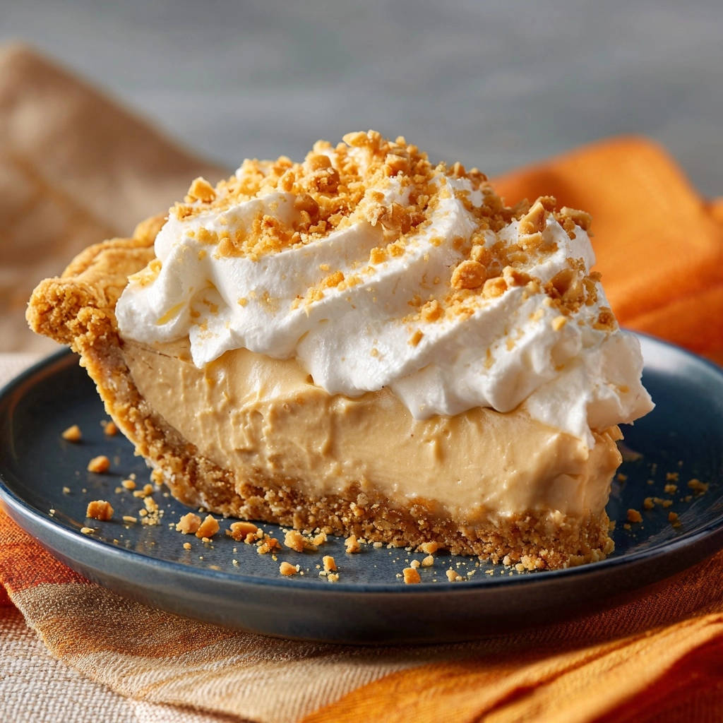 Peanut Butter Cream Pie slice showing its firm, creamy filling and crumb topping on a plate.