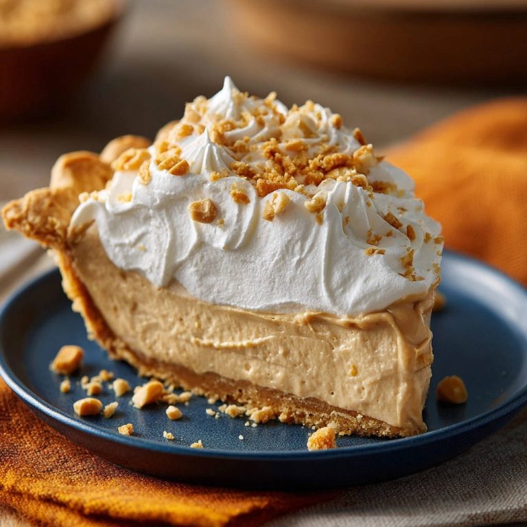 Peanut Butter Cream Pie, a slice showing its firm, fluffy layers and whipped topping with peanut crumble.