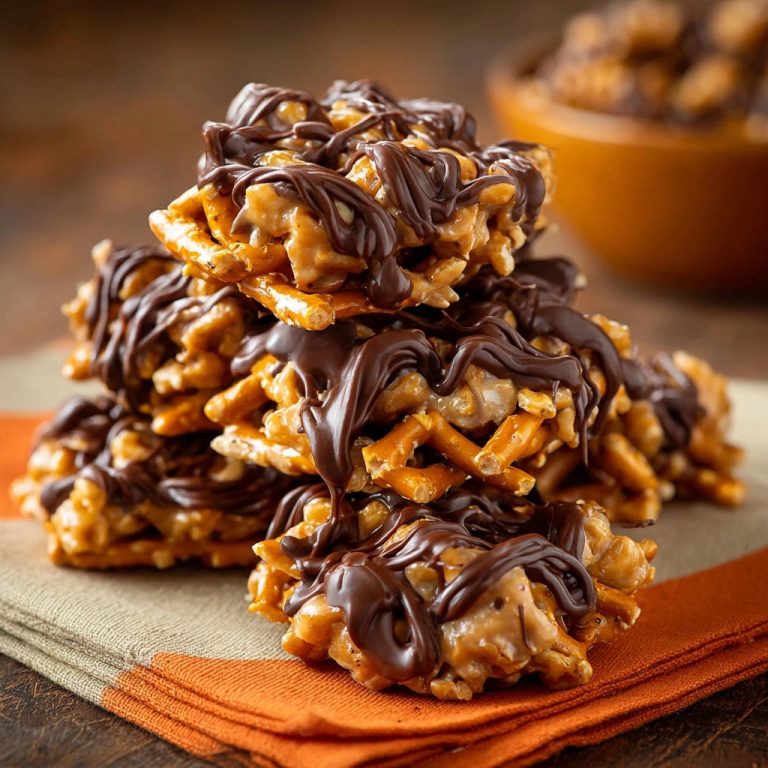 Crunchy peanut butter pretzel clusters drizzled with dark chocolate, stacked high on a napkin.