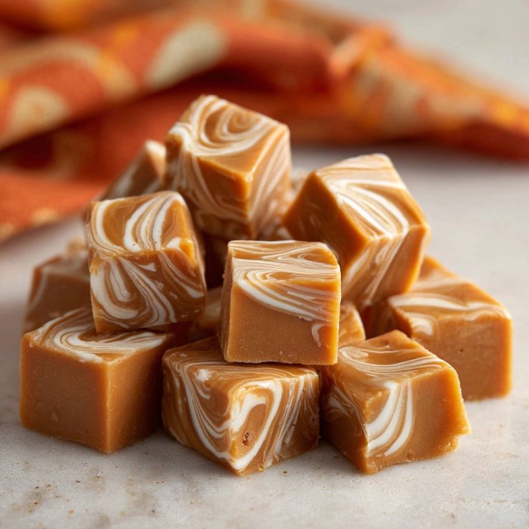 Creamy peanut butter swirl fudge shown in a close-up pile, highlighting the marbled texture and rich caramel color.