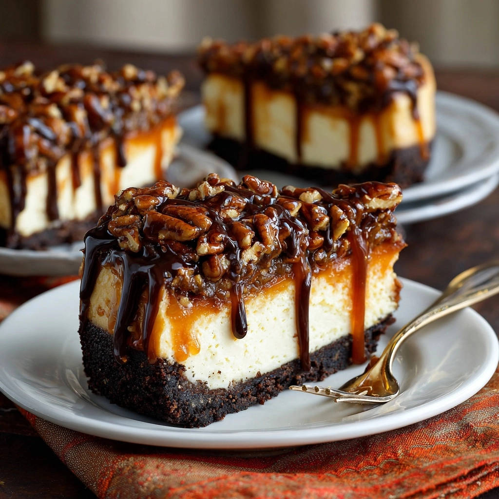 Pecan caramel cheesecake plated slice detail showing creamy interior and decadent topping.
