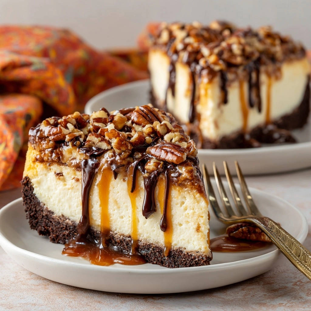 Pecan caramel cheesecake, a creamy slice on a plate, with rich chocolate and caramel drizzles and a fork.
