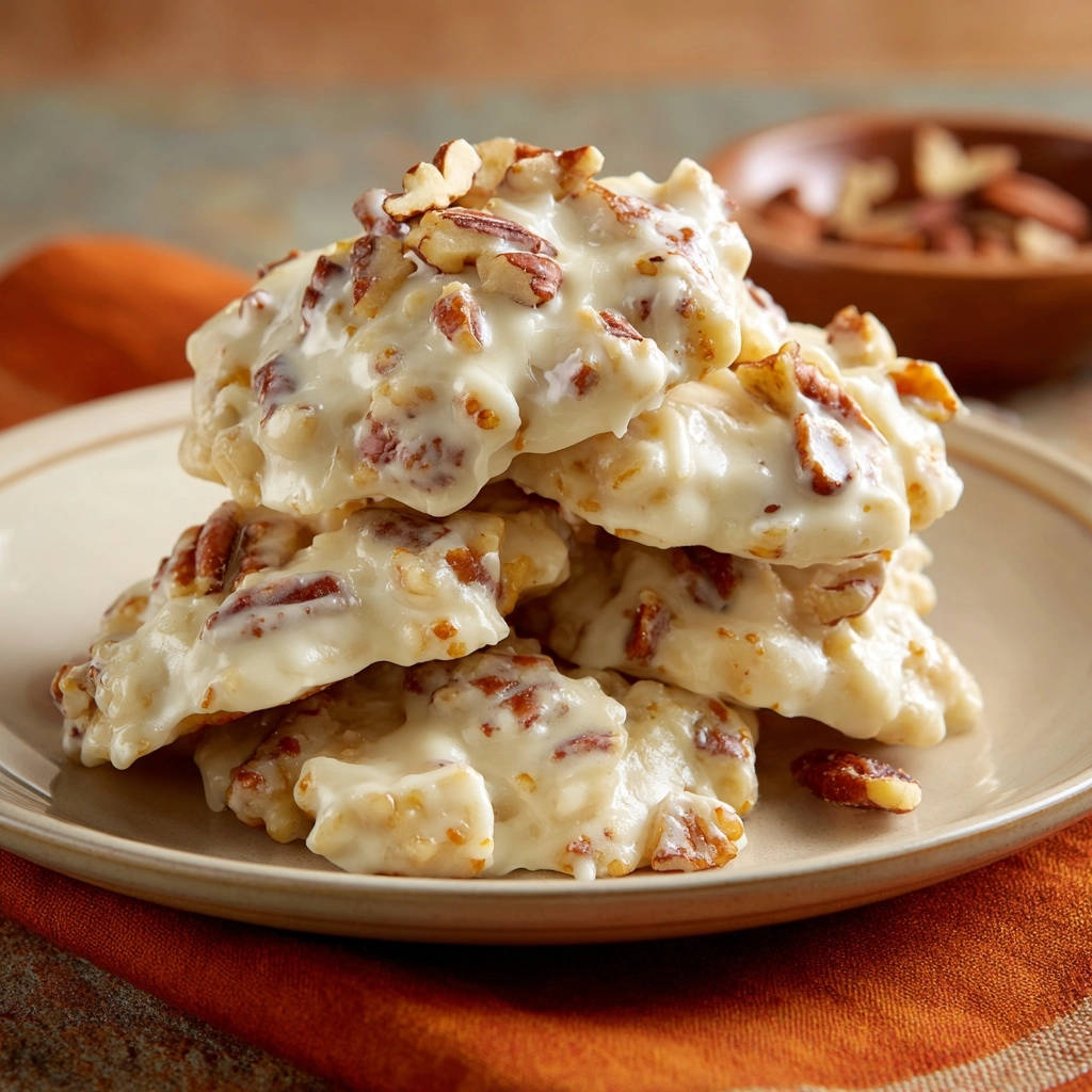 Pecan glaze clusters are stacked on a light brown plate, showcasing their rich texture and glistening glaze.