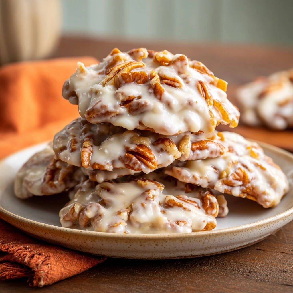 Pecan glaze clusters stacked on a plate, showcasing a thick, glossy white glaze and visible pecan pieces.