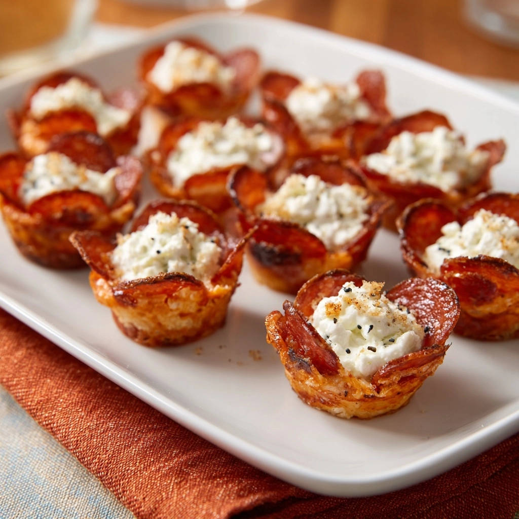 Crispy pepperoni & ricotta bites arranged in a flower shape, showing a close-up view of the filling.