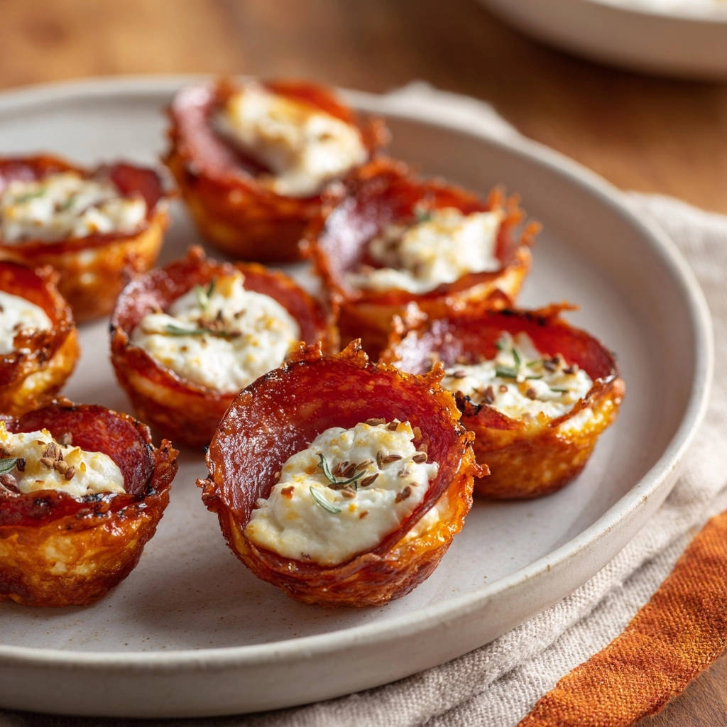 Crispy pepperoni & ricotta bites are served on a plate, showcasing their golden-brown edges and creamy filling.