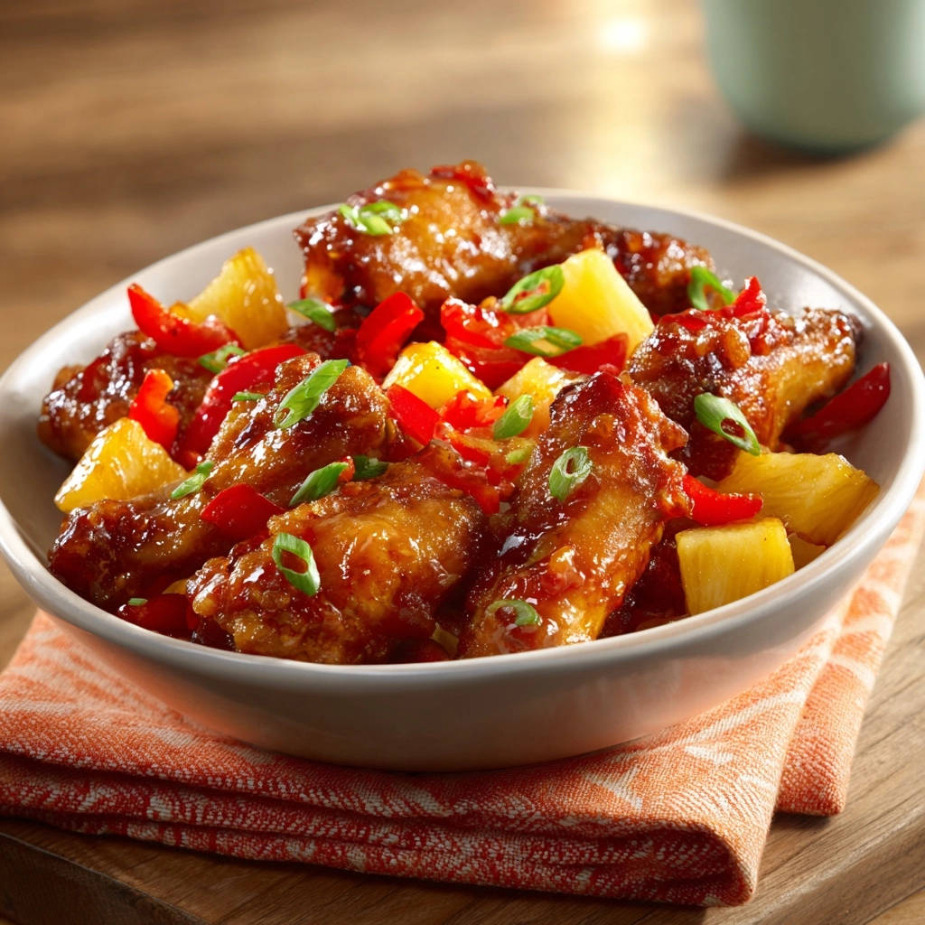 Sticky sweet & spicy pineapple wings are glistening in a bowl with pineapple chunks and red peppers.
