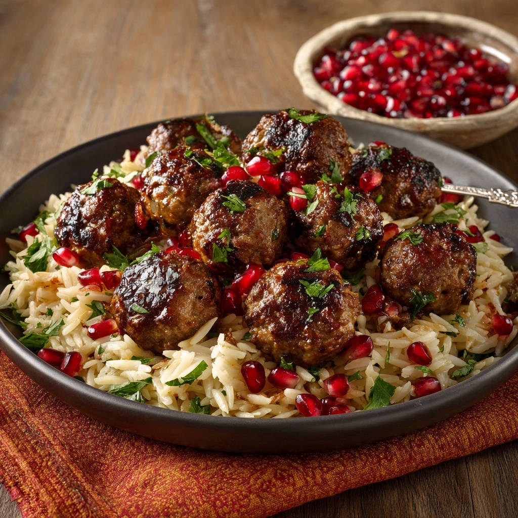 Pomegranate glazed meatballs are served over rice and garnished with fresh parsley and pomegranate seeds.