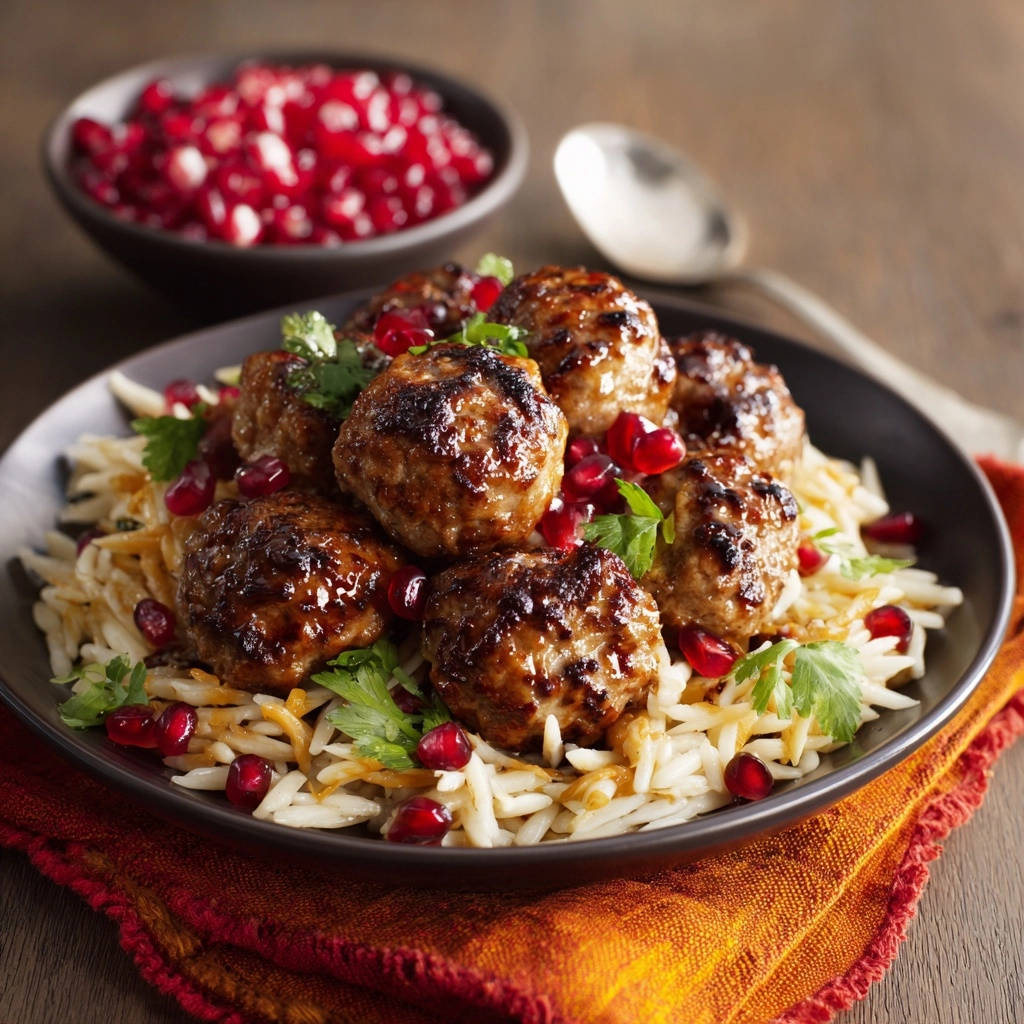 Pomegranate glazed meatballs are served plated over orzo pasta and garnished with fresh parsley and pomegranate seeds.