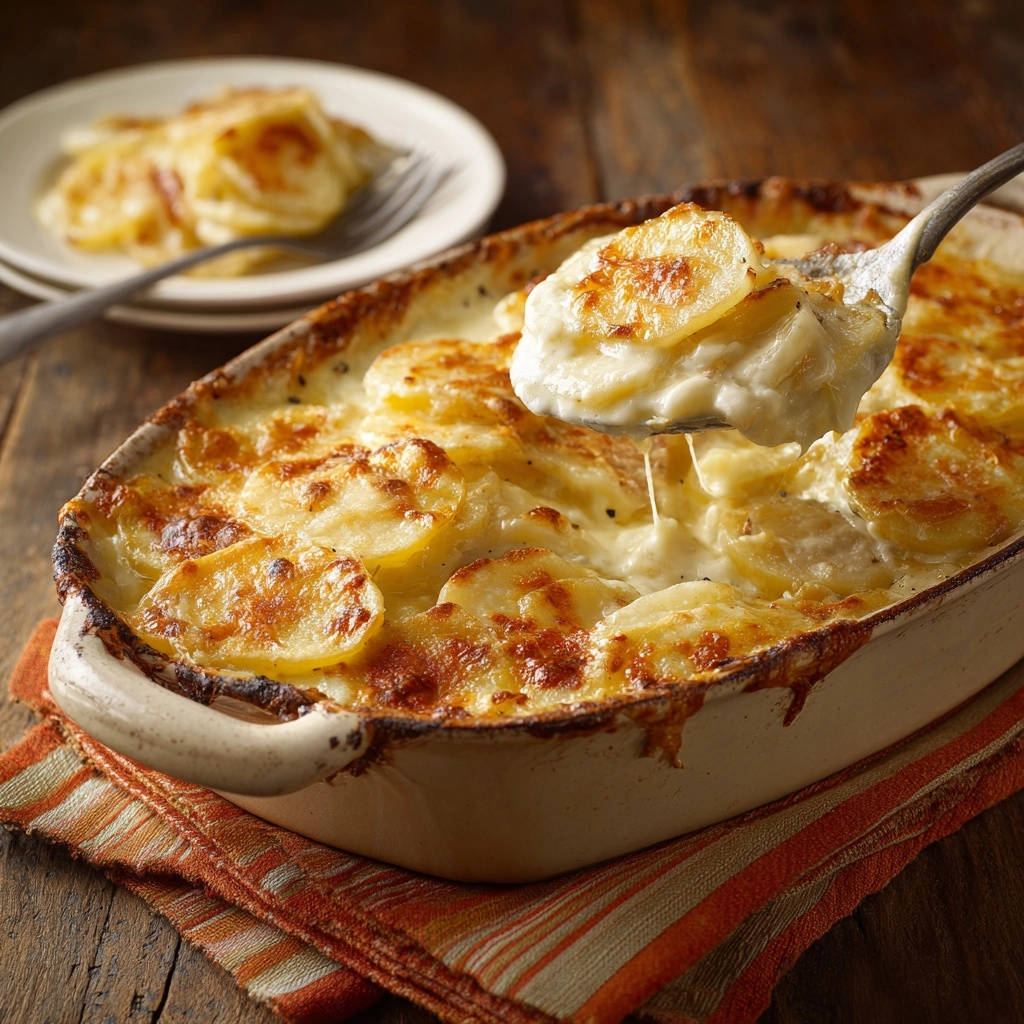 Ultimate Potato Gratin: A spoonful of creamy, cheesy gratin is lifted from the baking dish, showing its rich texture.