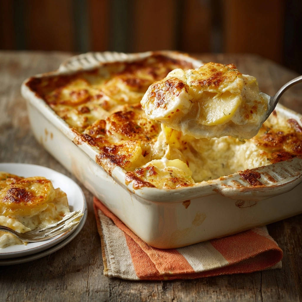 Ultimate Potato Gratin, a spoonful is lifted from the creamy, golden-brown baked dish.