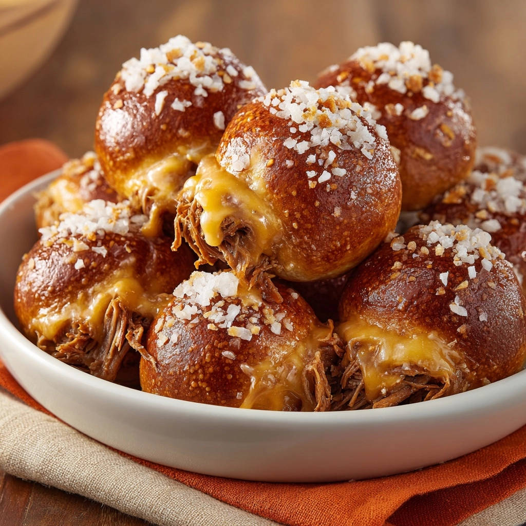 Ultimate Pulled Beef Pretzel Sliders shown in a close-up, with gooey cheese stretching from the pretzel buns.
