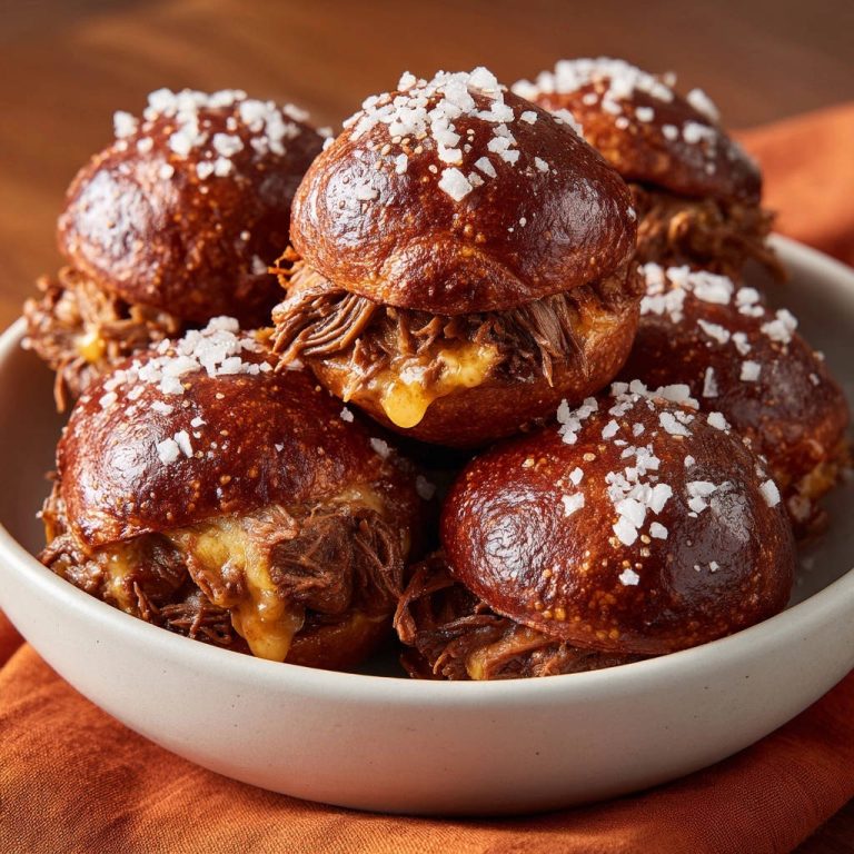 Ultimate Pulled Beef Pretzel Sliders stacked in a bowl, topped with flaky sea salt, showing melted cheese.