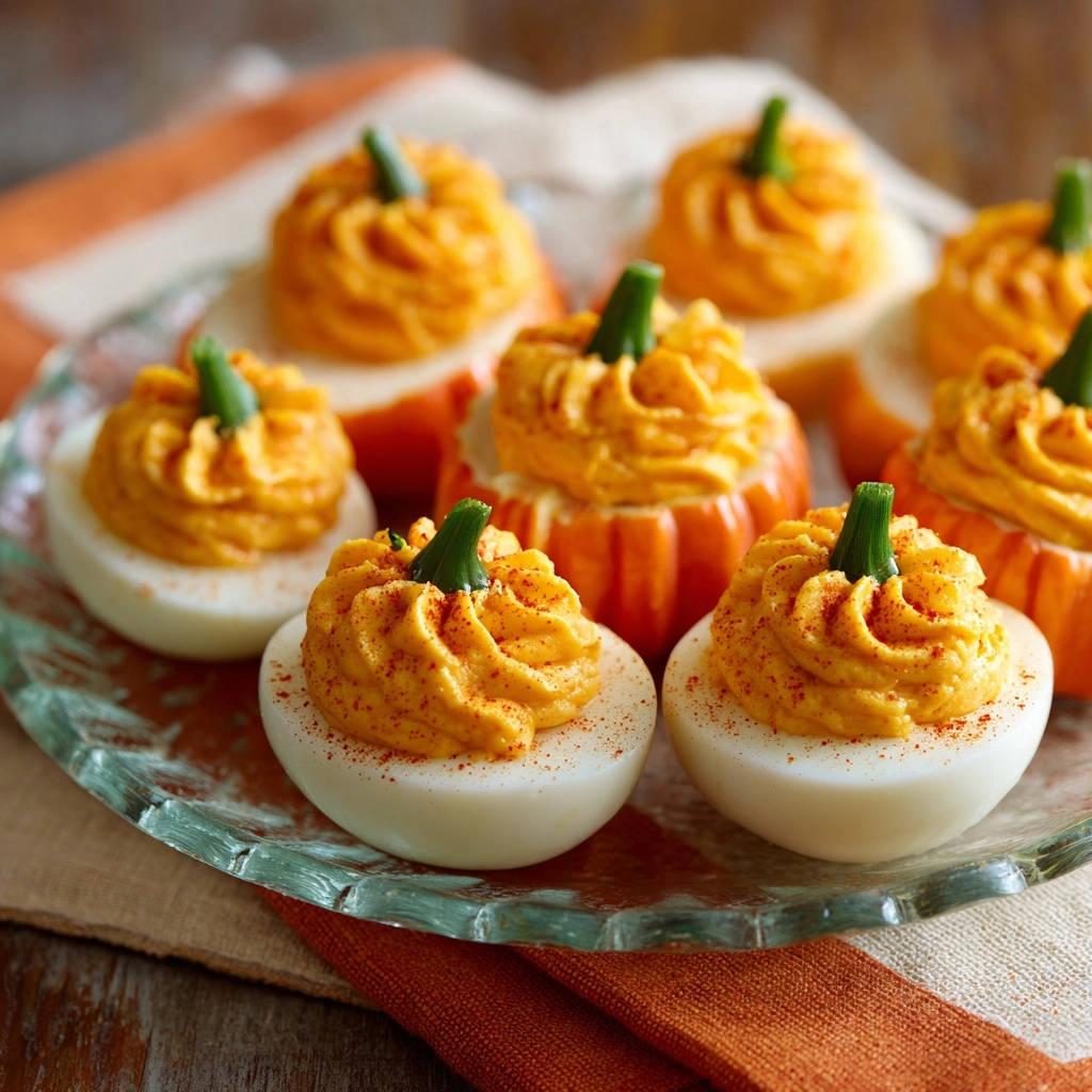 Festive pumpkin deviled eggs with orange filling and green stems, artfully arranged on a clear glass plate.