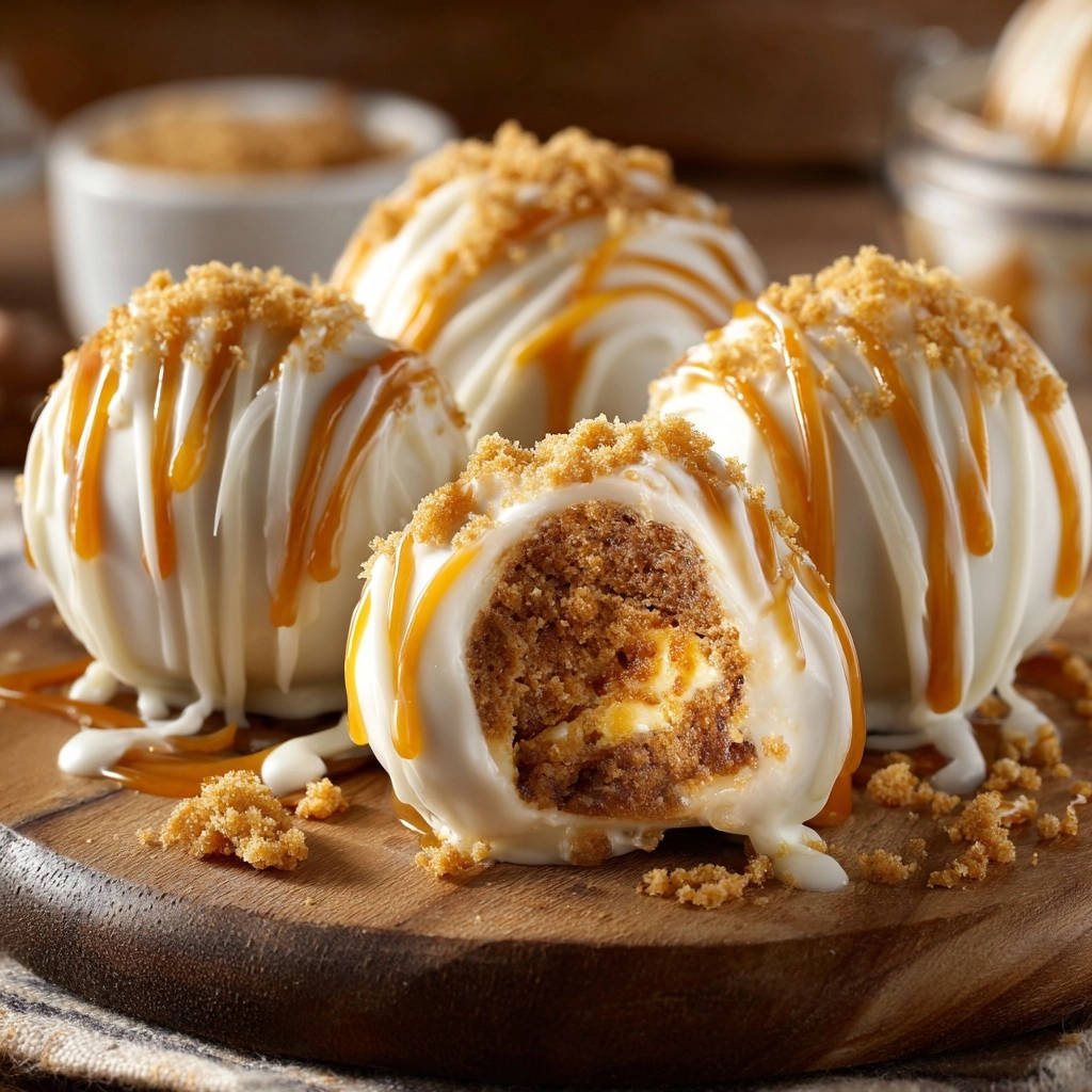 Pumpkin spice truffles with a white chocolate coating, drizzled with caramel and showing a detailed cross-section.