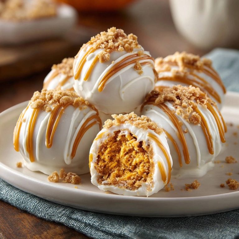 Pumpkin spice truffles with a white chocolate coating and caramel drizzle, shown in a close-up cross-section revealing the interior.