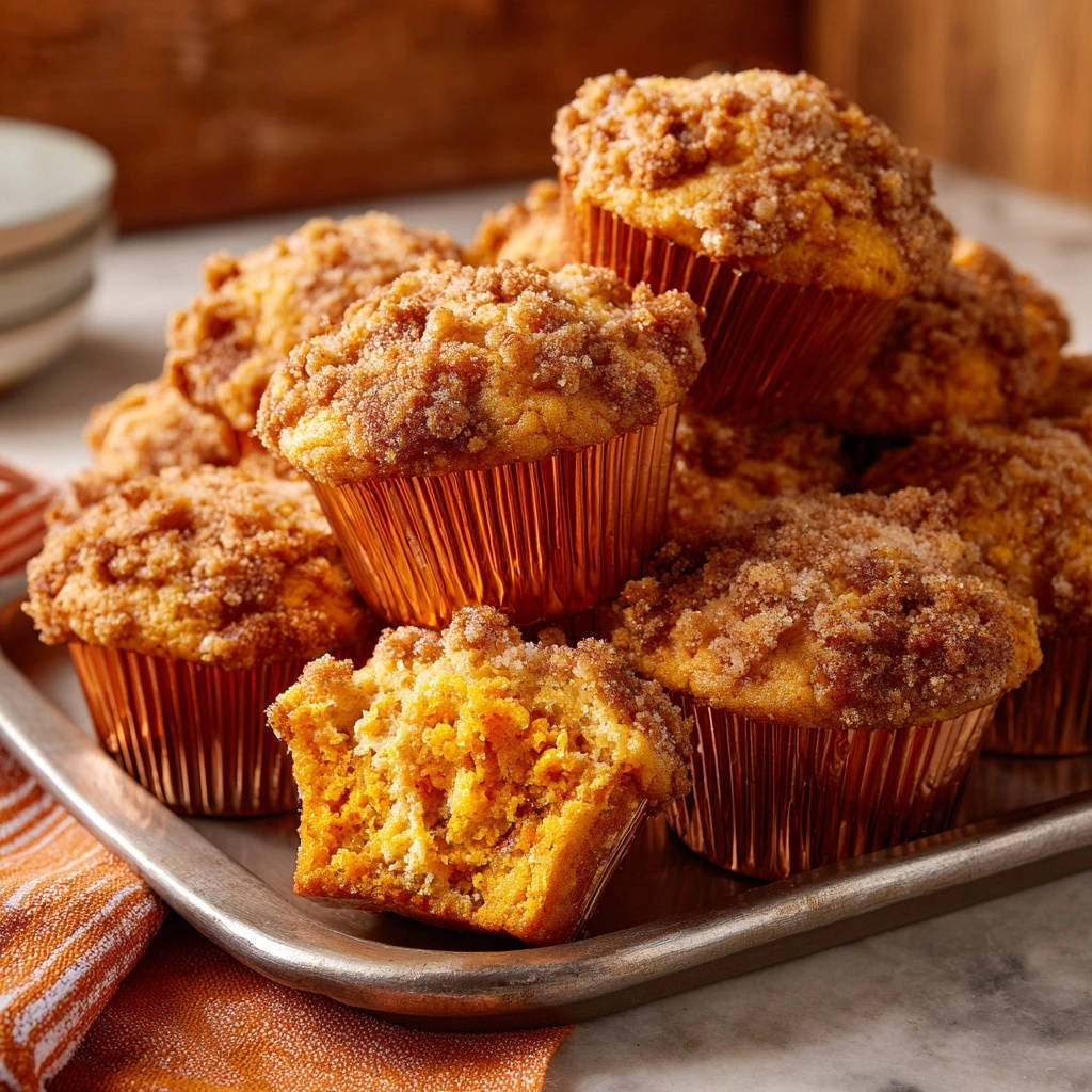 Easy pumpkin streusel muffins with a visible moist interior cross-section, topped with crumbly streusel.