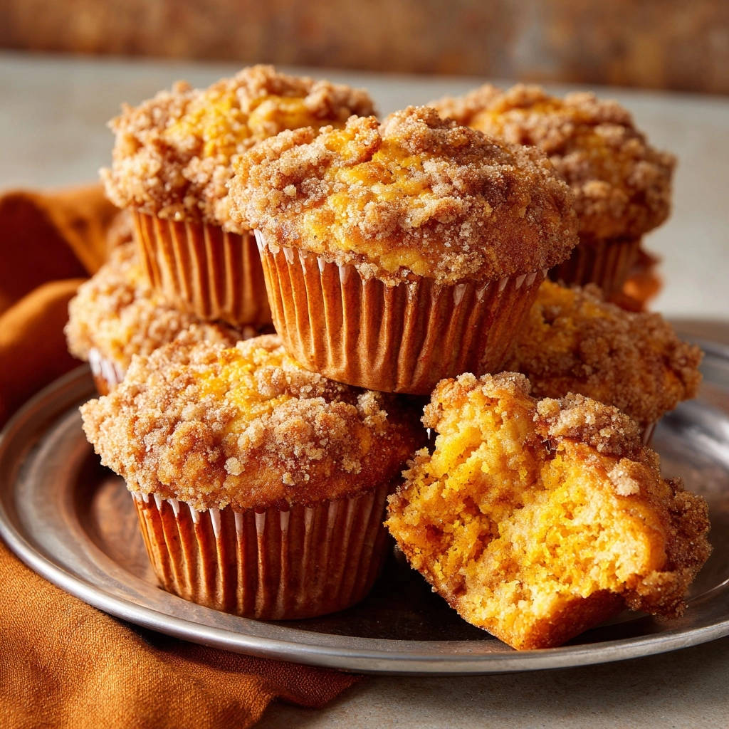 Easy Pumpkin Streusel Muffins, one muffin broken open to reveal its moist, tender interior crumb.