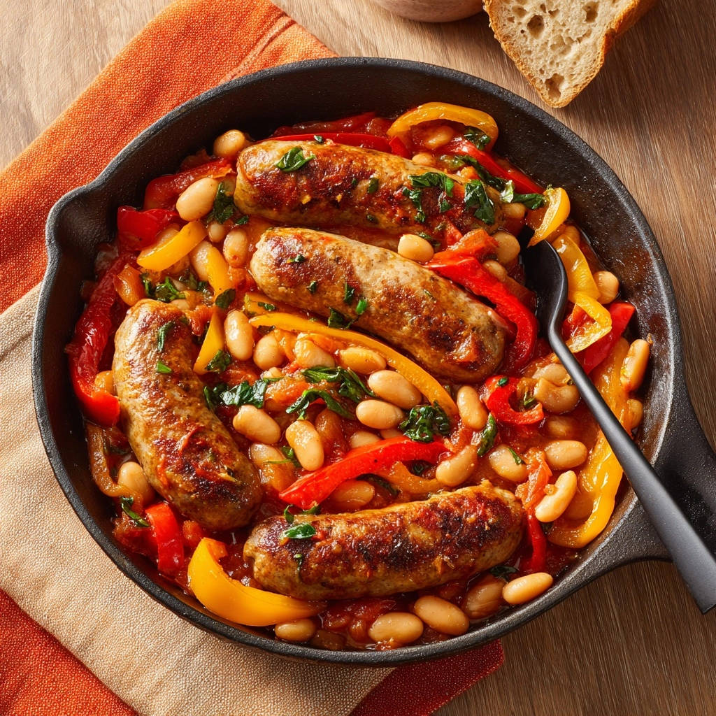 Hearty sausage and pepper skillet with white beans served in a cast iron pan, overhead view.