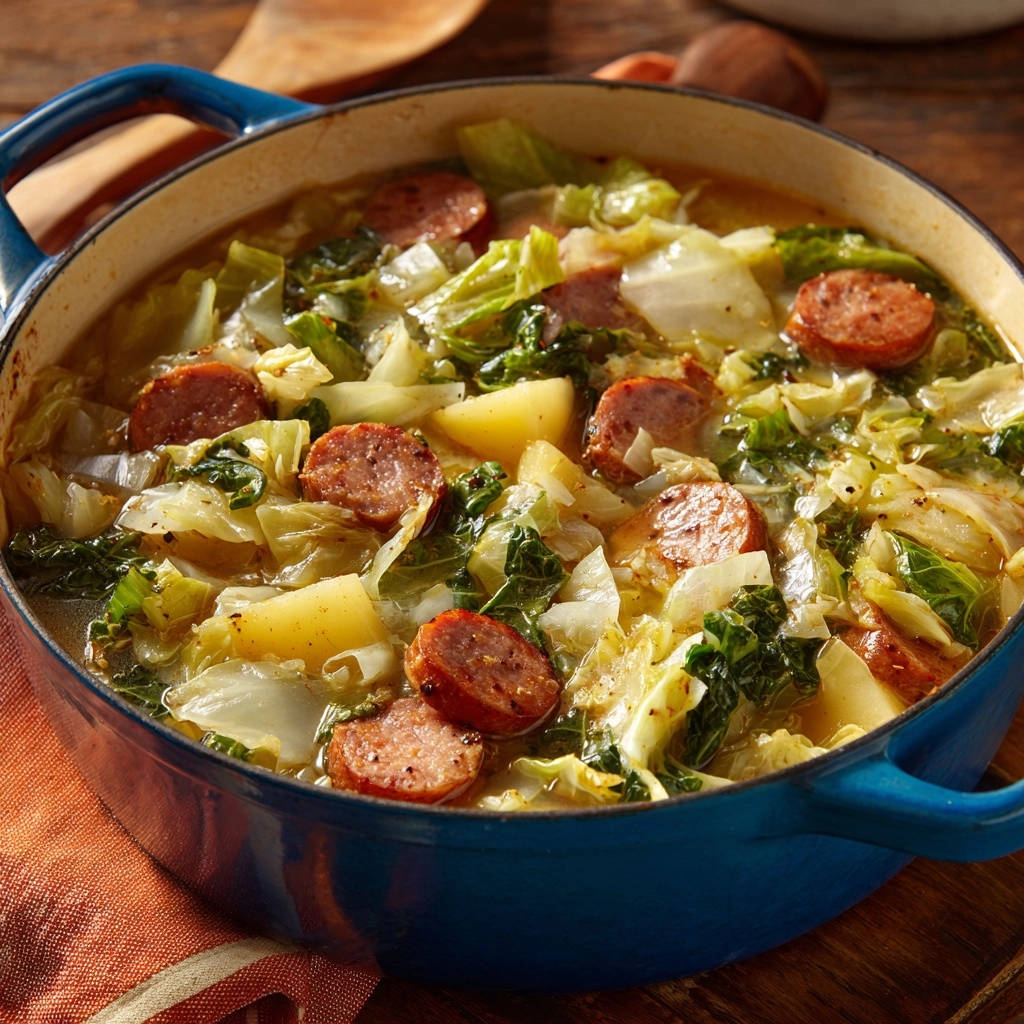 Hearty sausage and cabbage stew shown in a close-up view within a blue Dutch oven with potatoes.