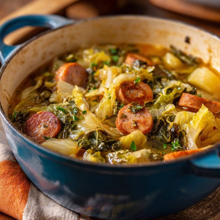 Hearty sausage and cabbage stew served in a blue dutch oven, captured in a close-up view.
