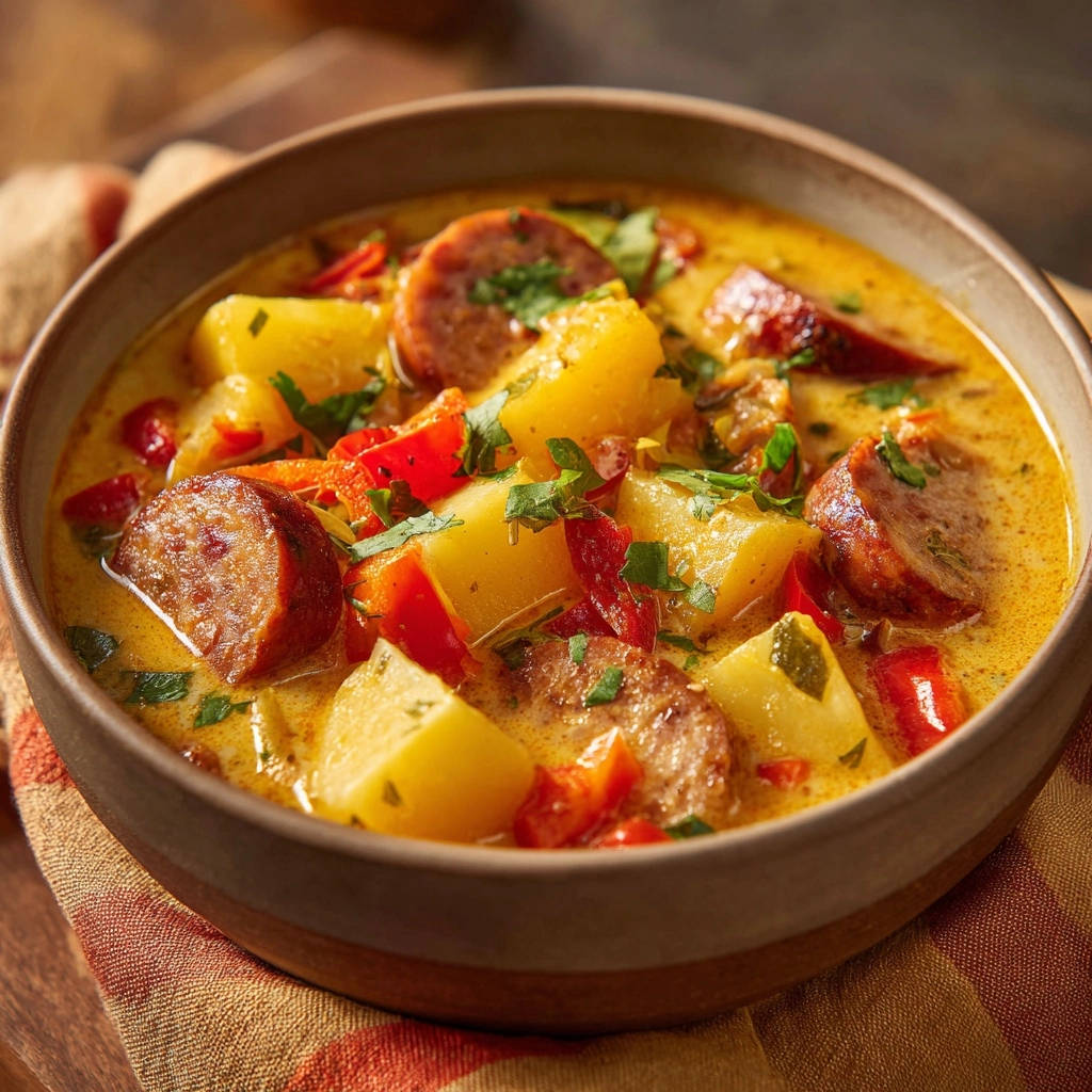 Hearty sausage & potato soup in a rustic bowl, showcasing tender potato chunks and sliced sausage.