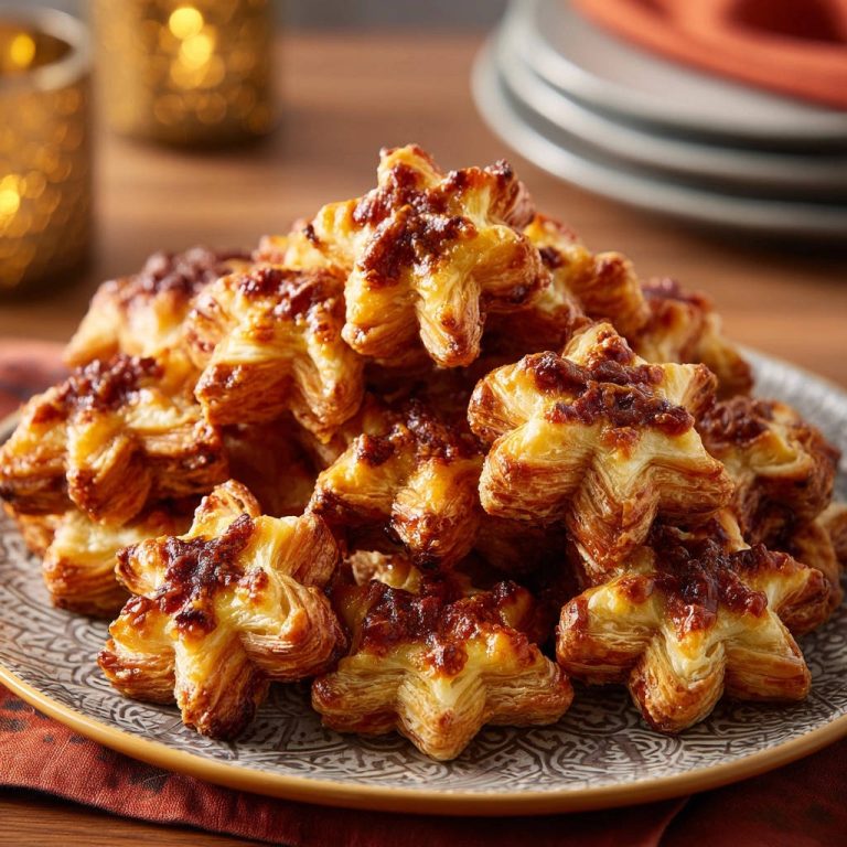 Savory puff pastry stars piled high on a decorative plate with a close-up view of their flaky texture.